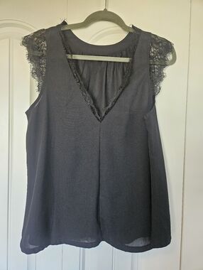Black Lace Sleeve V-Neck Tank Top